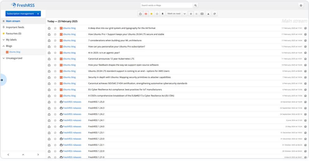 An example of the FreshRSS screen