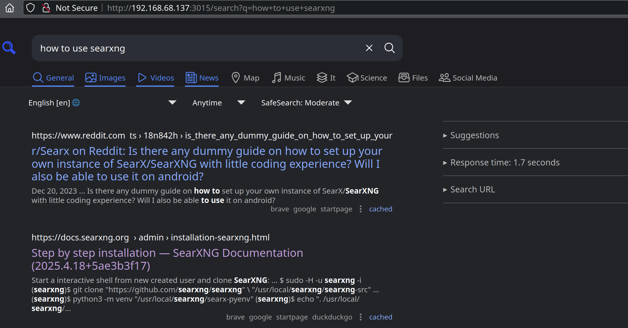 A screenshot of the search app, SearxNG, being used to find information about itself.